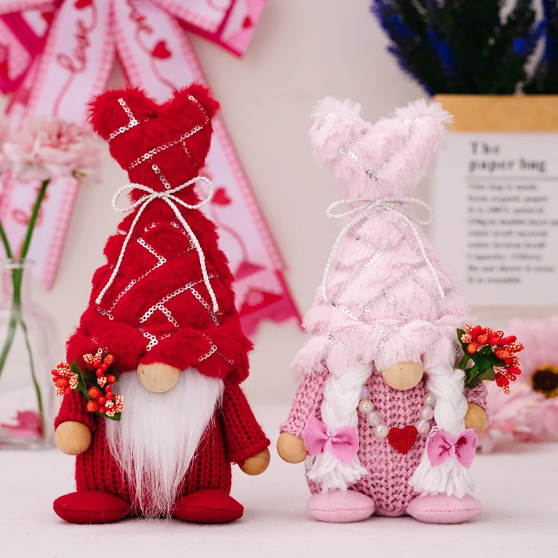 Valentín Gnomes Flitre klobúk ružová červená červená stolová stolová dekorácia Valentín GNOME DETORÁCIA ELF ORAMENTY Pár darčekov figúrky