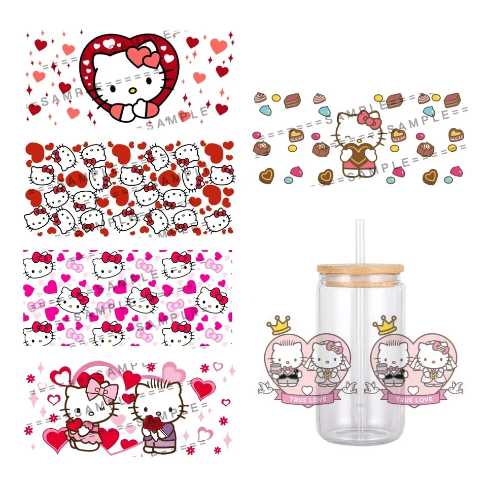 Valentína Sanrio Hello Kitty UV DTF Transfer Sticker Vodotesné prevody prevodov pre 16oz sklenené nálepky