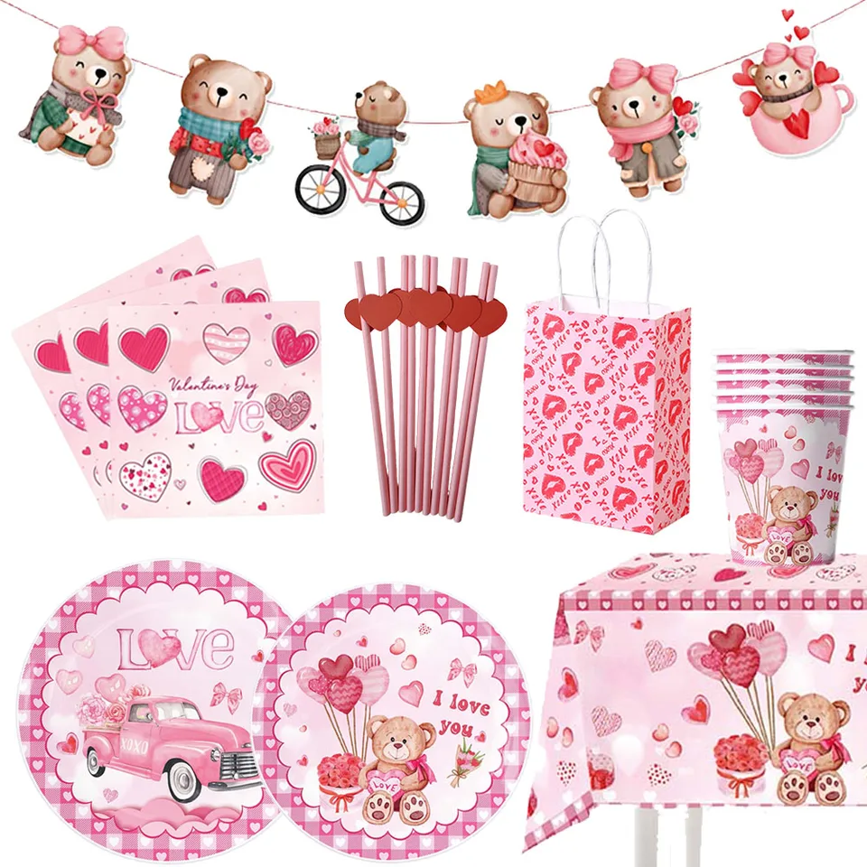 Valentínske večierky Dodávky Pink Slave Set Set Cute Love Little Bear Paper Banner Slaw Zástenky výročie dekorácie