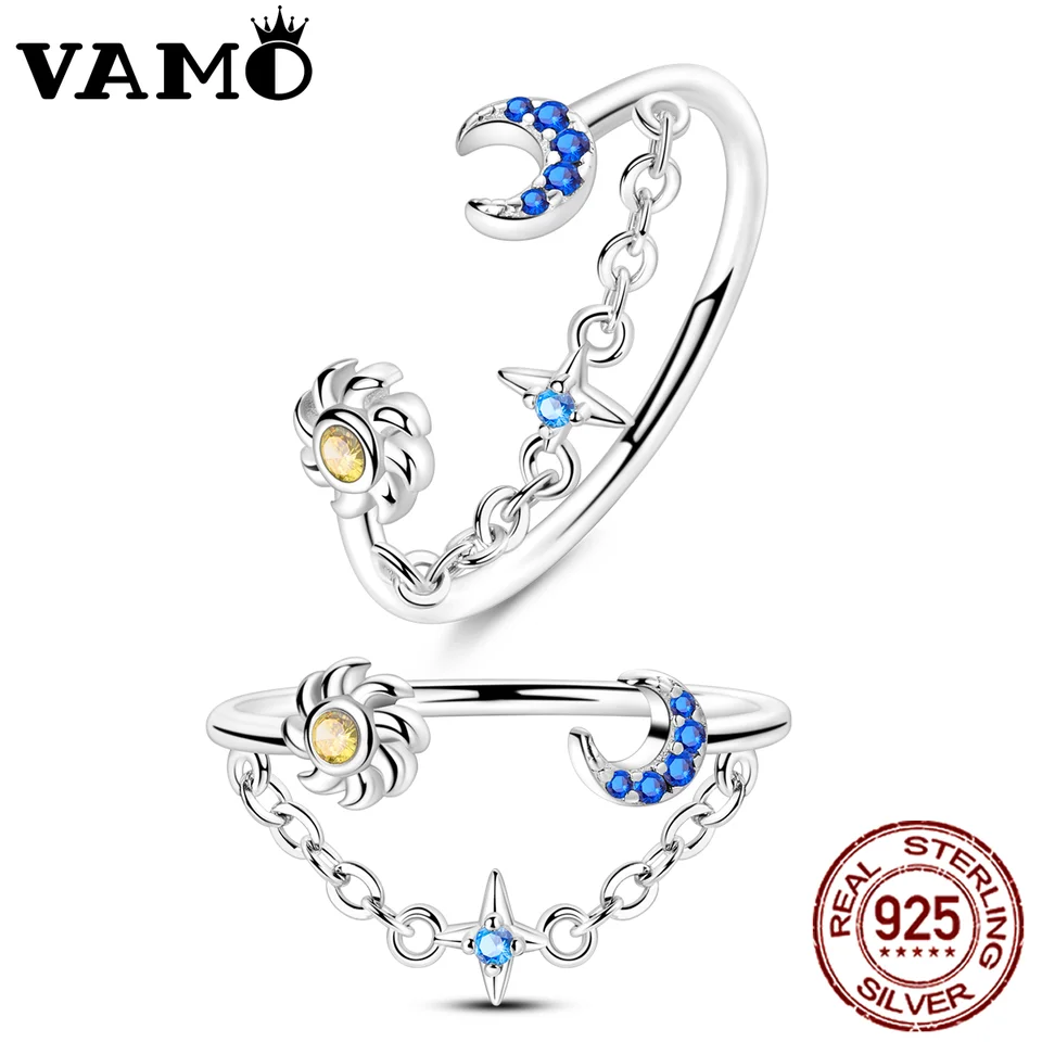 Vamo 925 Sterling Silver Rings Riekacie zirkónia Sun Moon Ring Ring Populárne svadobné prstene pre ženy
