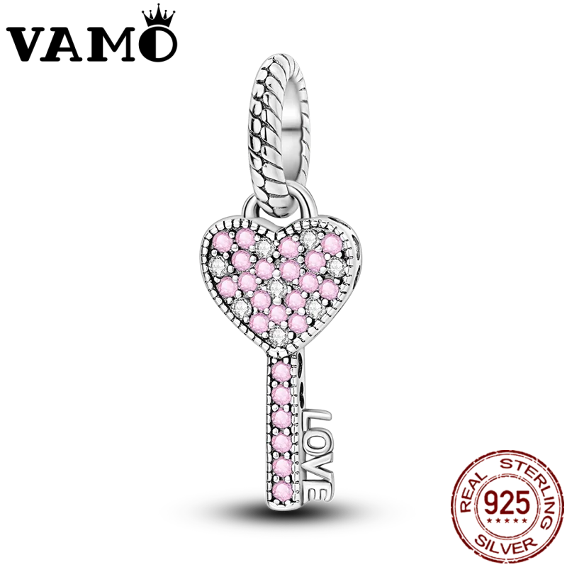 Vamo originál 925 Sterling Silver Key of Love Charms Bead Zirkón Pink Srdce Prívesky Fit náramok Ženy DIY Darček