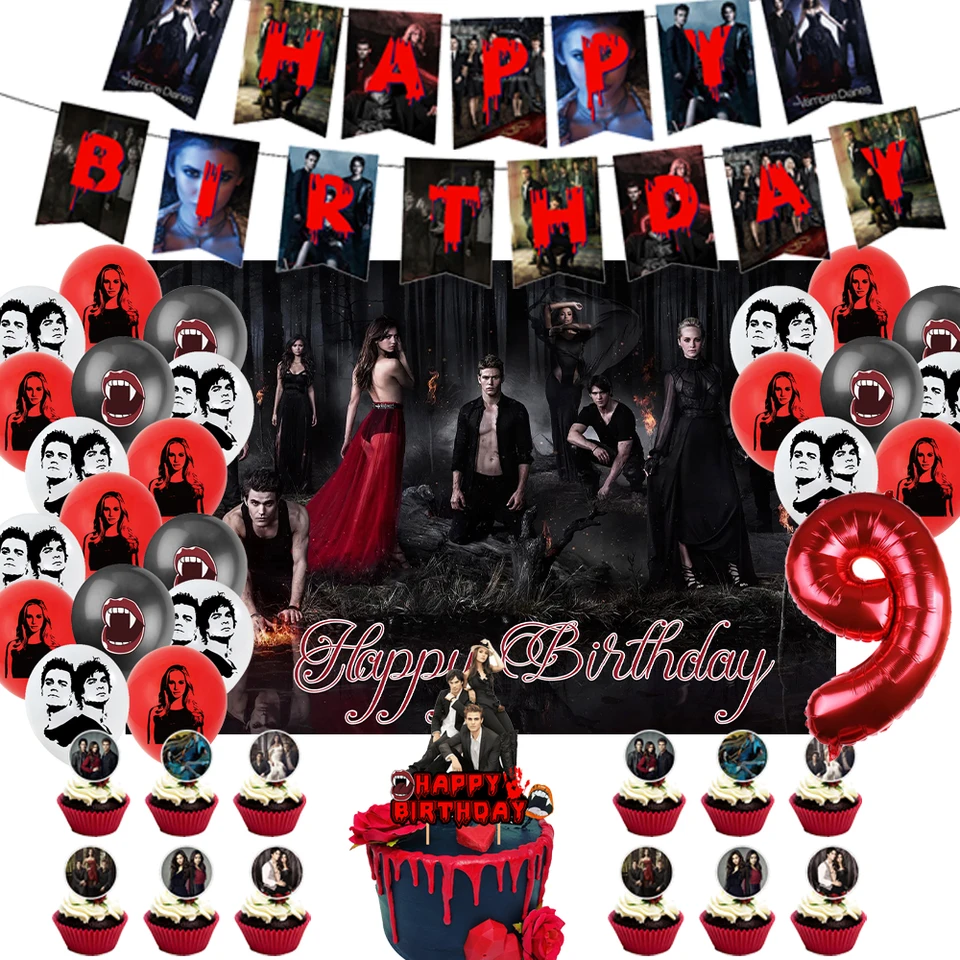 Vampireing denníky Téma Pozadie všetko najlepšie k narodeninám oslava dekorácie Doplnky koláča Topper Banner Balón set pre deti darček