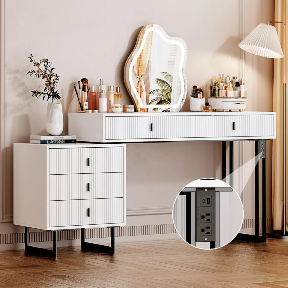 Vanity Desk s 3 farebnými dotykovými obrazovkami stlmenie zrkadla, zasunuteľný make -up toaletný stolík s nastaviteľnou skrinkou a 5 zásuvkami