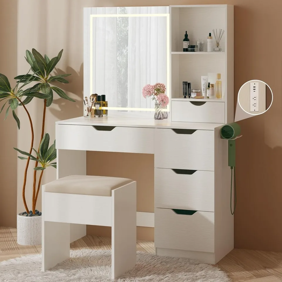 Vanity Desk s LED svetlami zrkadla a zásuvka napájania, márnosť stola s 5 zásuvkami, súprava na make -up a vankúšovú stolicu, biela