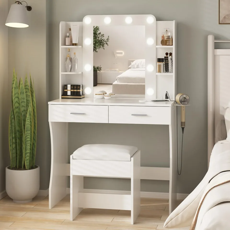 Vanity Desk so svetlami, make -up márnosť s napájacím pásom, toaletný stolík s 2 veľkými zásuvkami, Vanity Mirror 3 osvetľovacia farba AD