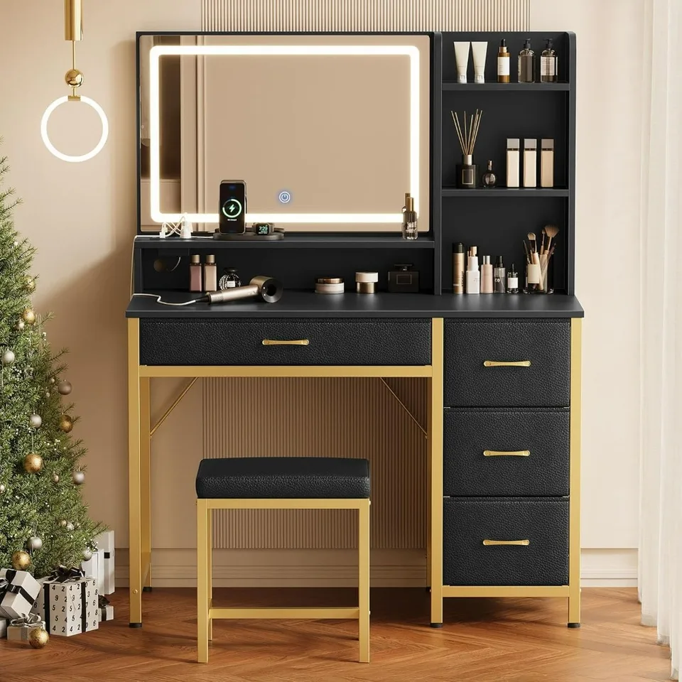 Vanity Desk so zrkadlom a svetlami, make -up márnosť s čalúnenou stoličkou Vanity, 4 zásuvky, zásuvky, so 4 priehradkami