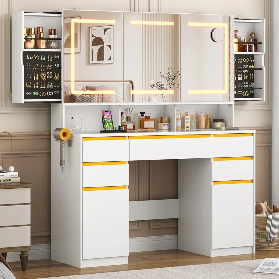 Vanity w/zrkadlové a výstupné, temperamentné sklo, vrchol LED osvetleného bieleho make-upu s posuvným stenovým šperkom make-up márnosť stola
