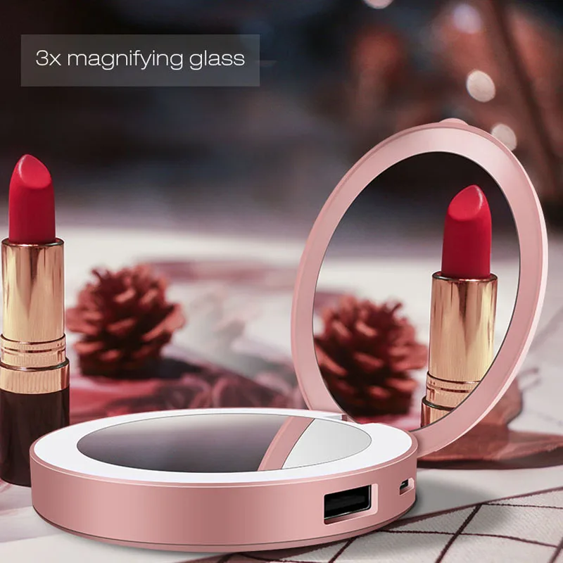 Vanity zrkadlo s LED svetlami a 3000 mAh Power Bank Prenosná make -up peňaženka zrkadlo Mini vreckové zrkadlo s Powerbank