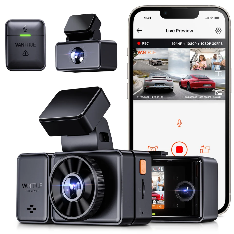 Vantrue E3 3 kanál 2,7K WiFi Dash Cam pre autá, GPS Dash Camera s nočným videním StarVis Ir, hlasový ovládanie, 24h parkovací režim