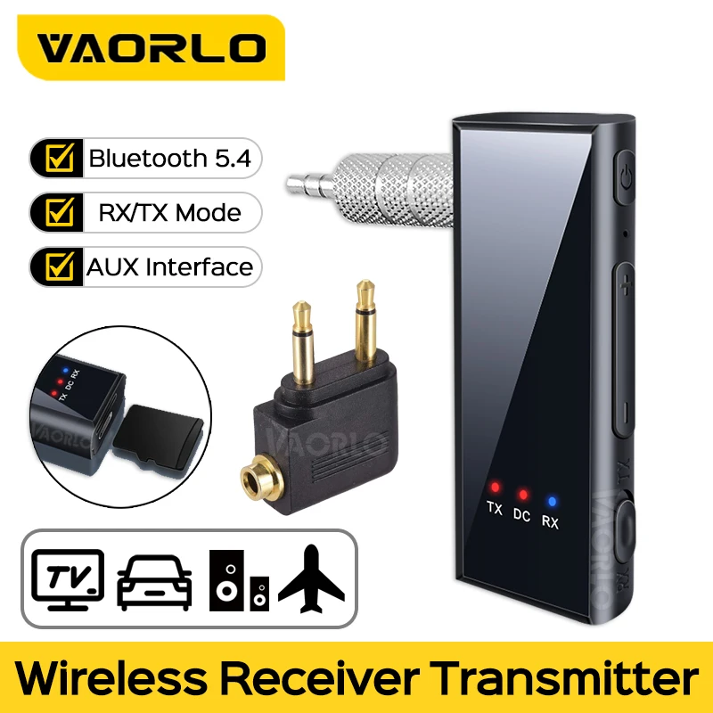 VAORLO 2 v 1 Bluetooth 5.4 Audio vysielač 3,5 mm bezdrôtový adaptér lietadla Aux Jack s mikrofónom pre reproduktor s televíznou súpravou