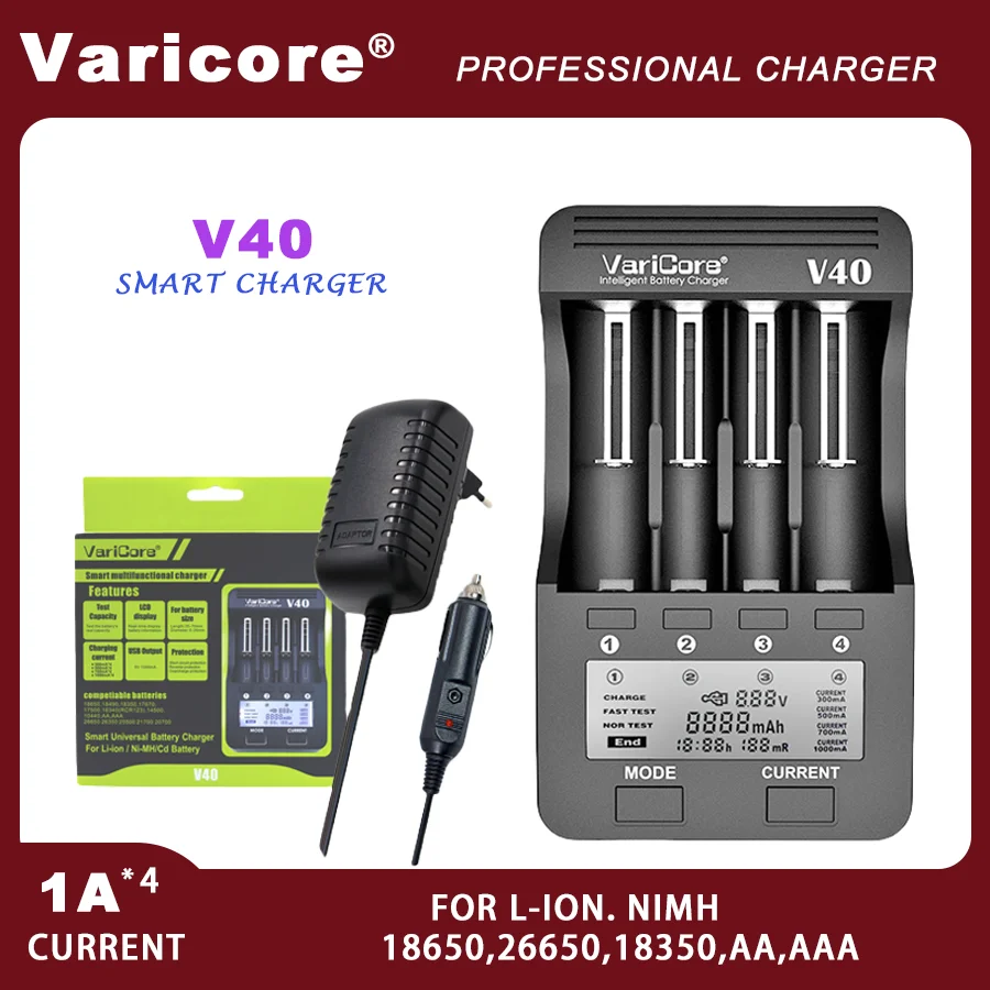 Varicore V40 18650 Littium Battery Smart Charger 3,7V 26650 10440 16340 18350 14500 1,2 V NIMH AA AAA batéria US EU UK Plug