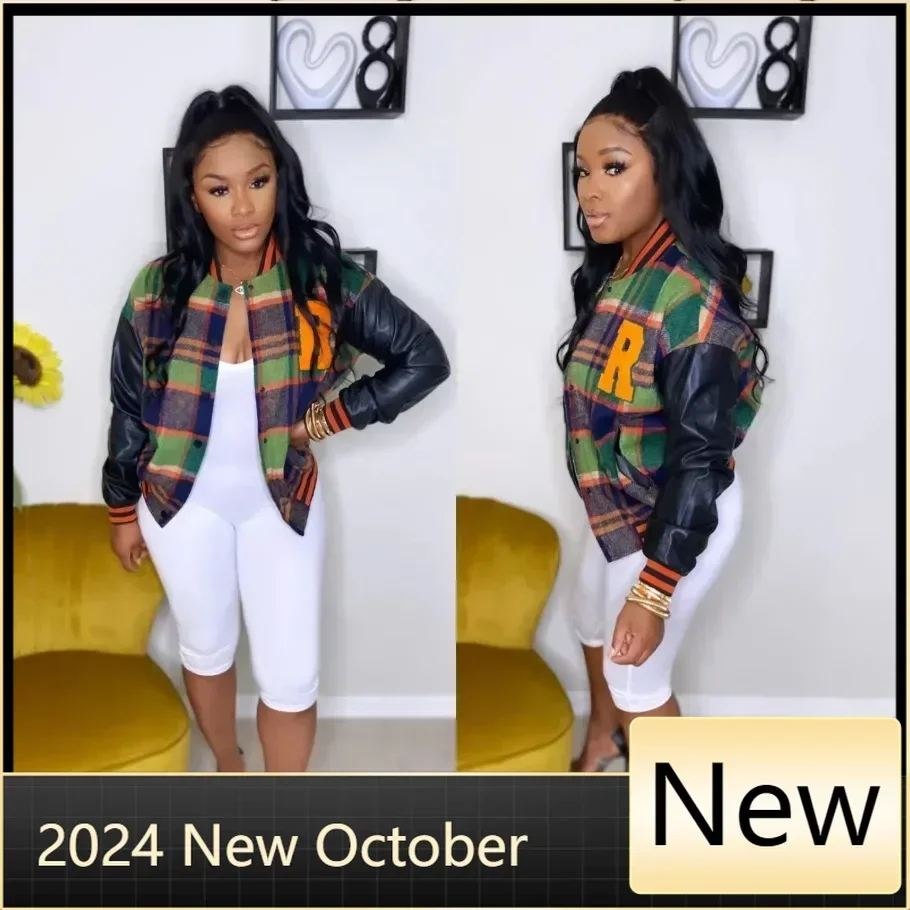 Varsity Baseball Plaid Kožená bunda Zimné oblečenie Ženy 2024 Orezané počítačové y2K Streetwear Racing Bomber Bund Autumn Coat