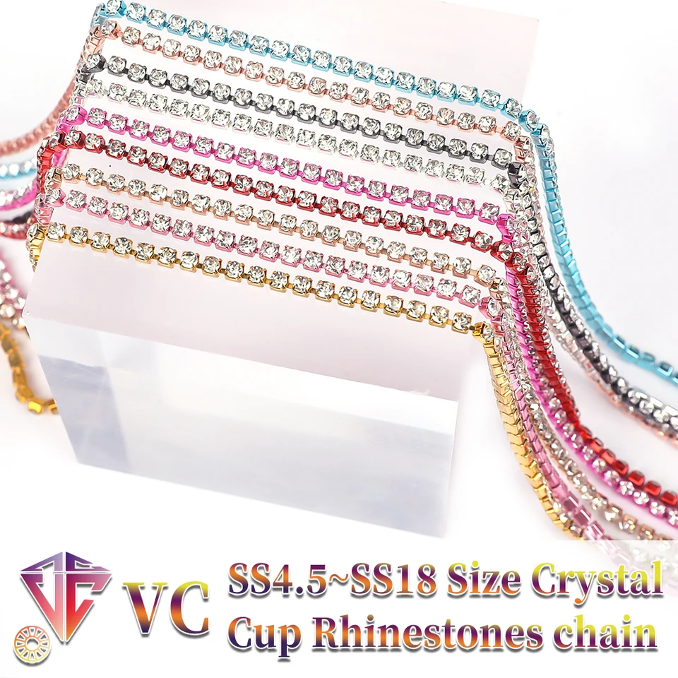 VC 1/5Yards SS4.5-SS18 (1,5 mm-4,5 mm) strieborné/zlaté/modrá/červená základňa Crystal Shinestonechain Šijacie sklenené sklenené kamenky