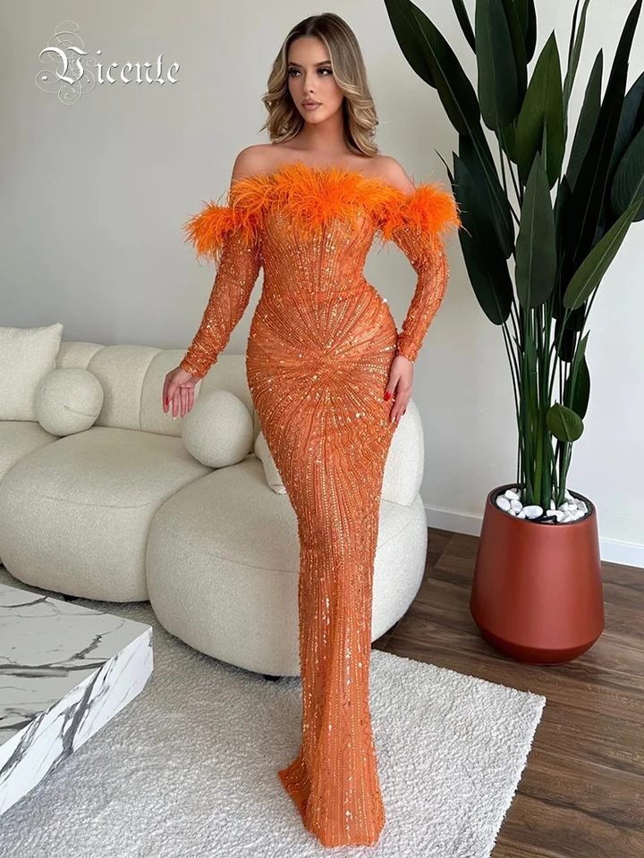 VC Off Ramer Mesh Sequins Feather Maxi Long Orange Bodycon Dress Elegantné večierky Večerné guľôčky