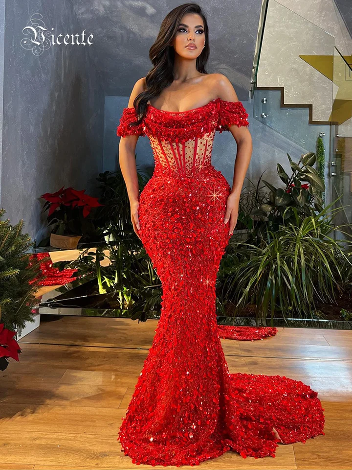 VC Pearl Details Mermaid 3D-Lace Slifined Long Dress Off-Ra-rache iskrivé trblietky červené červené flitre plesové večierky šaty
