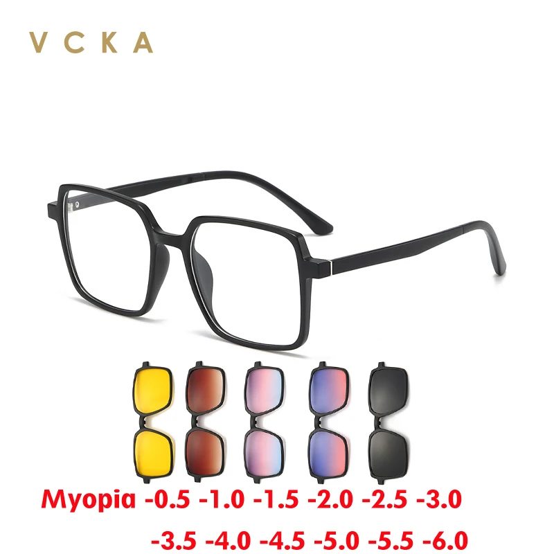 VCKA 6 In1myopia Slnečné okuliare Rámy Magnetické klip Square Dámske okuliare Módny trend Polarizovaný prispôsobiteľný okuliare -0,5 až -6.0