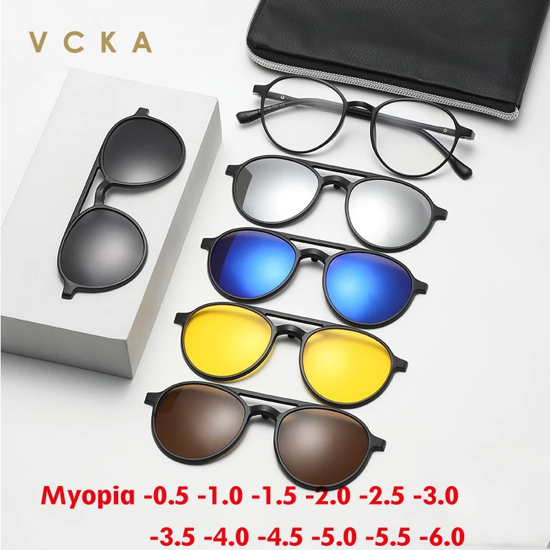 VCKA 6 v 1 polarizovaných slnečných okuliaroch krátkozrakosti okrúhlym mužom Ženy Magnetické okuliare Optické rámce na predpis okuliarov -0,5 až -6.0