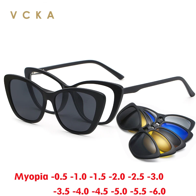 Vcka 6 v 1 polarizovaných slnečných okuliarov myopií Magnetické okuliare na predpis okuliare Men Menis módne mačky Optické optické -0,5 až 10