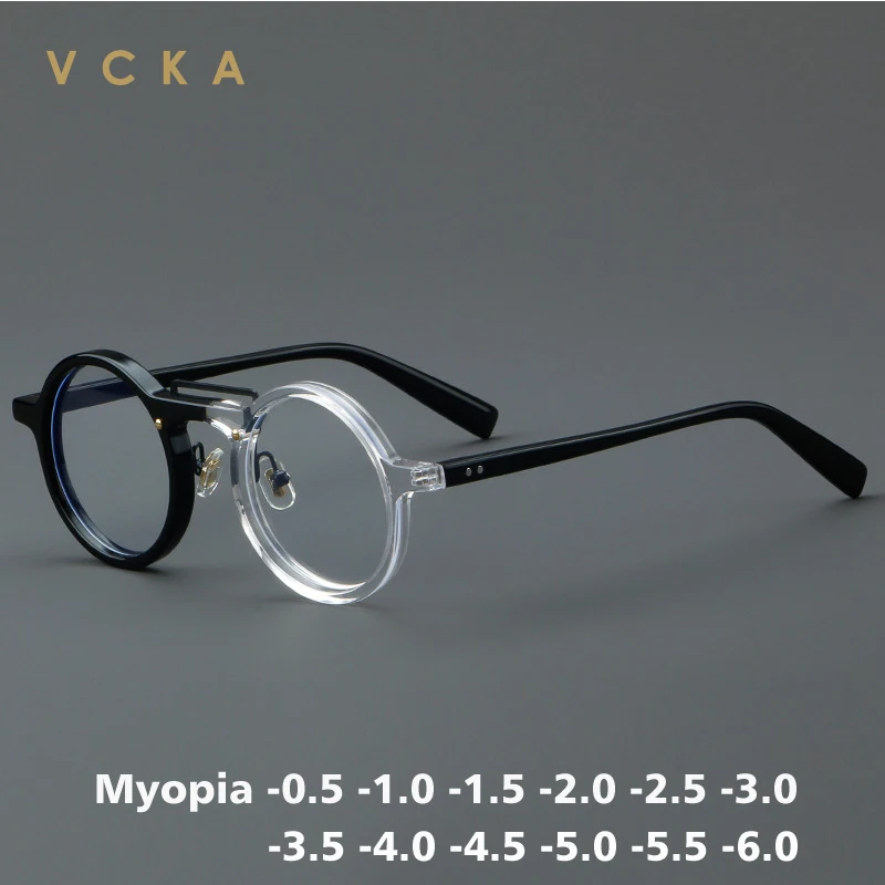Vcka okrúhle vintage acetátové okuliare Rám Muži Muži Myopia Optické retro okuliare Ženy Luxusné okuliare -0,50 až -10