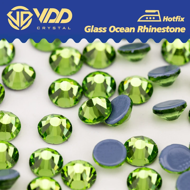 VDD 019 Peridot SS6-SS30 HOT-FIX sklenené kryštalické kamienky Flatback Glitter Stones pre odevné svadobné šaty