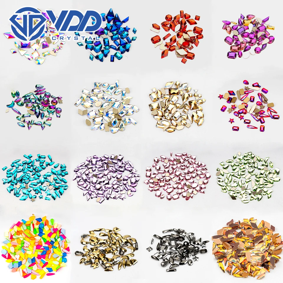VDD 100ks mix tvar vysoko kvalitný sklenený kryštalický kamienok s plochým štrajkom Strass Glitter Stones DIY DEY DETORÁCIA KLITOVÝCH ART