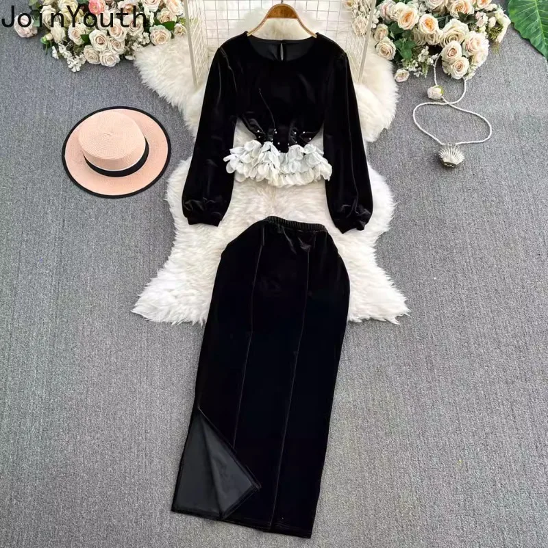 Velvet 2-Piece Set Women Chic Beading O-Neck topy Tops Patchwork s dlhým rukávom Dlhý pás s vysokým pásom sukňou vintage oblečenie Vintage