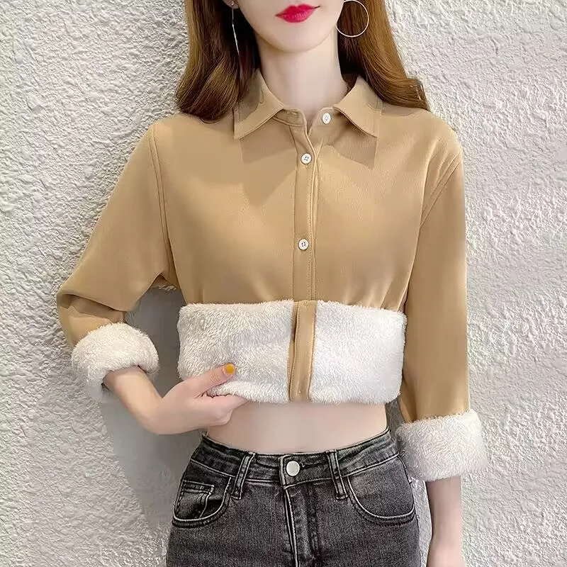 Velvet hrubá teplá dámska pevná košeľa 2023 Nové ženské topánky s dlhým rukávom Zimné fleece neformálne blúzka Corduroy Autumn Clothes xxxl