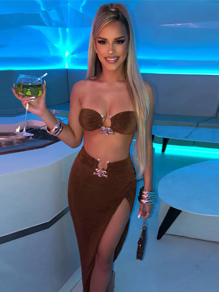 Velvet sexy remienok bez ramienok s plodinovou trubicou najvyšší pás Štrbina maxi šaty 2 PCS Suits 2024 Fall Women Fashion Streetwear Vestido