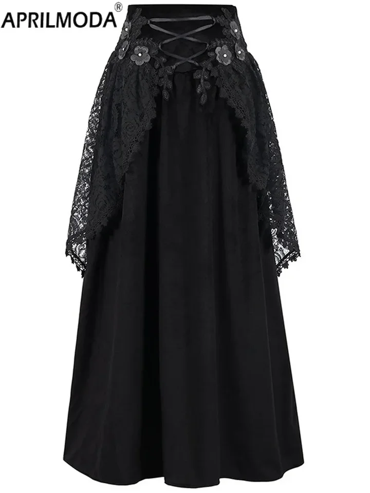 Velvet vintage čipka Cosplay cosplay gotická midi dlhá sukňa Ženy Ruffed Ruched Black A-Line Steampunk Stredoveké kostýmy Party sukňa