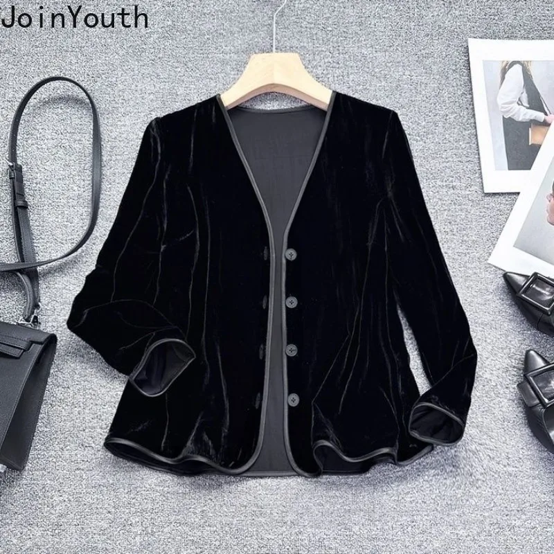 Velvet čierne bundy 2024 Dámske oblečenie Čínsky štýl Vintage Outwear Ropa Mujer nadmerne nadmerne
