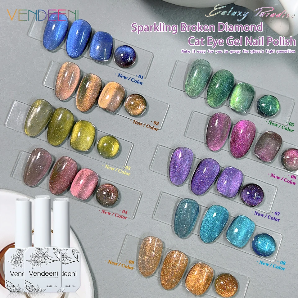 Vendeeni 9 farby trblietavý rozbitý diamant mačací gél na nechty lak na nechty Magnetický UV LED gél lak lak blesk galaxie nechtový gél lak lak