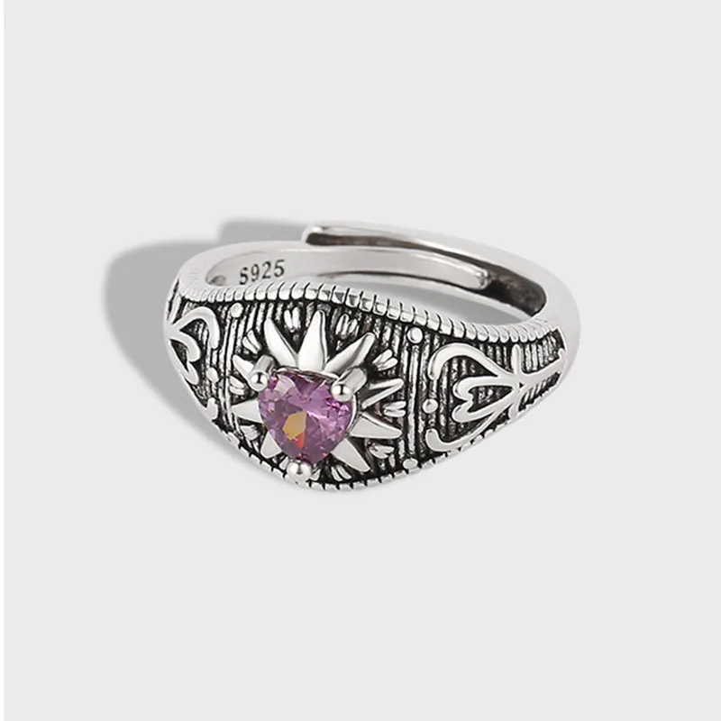 Venfille 925 Sterling Silve Zirkon Sun Ring pre ženy Girl Gift Love Hart Retro jednoduchosť šperky kvapky