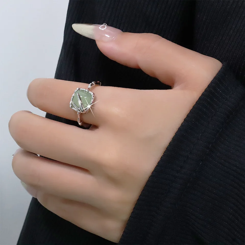 Ventfille 925 Sterling Silver Hottan Jade Ring for Women Geometry LeAf Retro Grace Etnical šperky darček darček kvapky