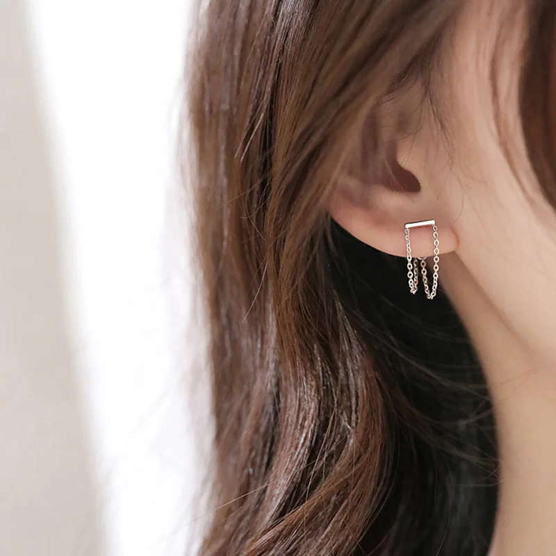 Ventfille 925 Sterling Silver Silver Double Chain Tassel Stud náušnice pre ženy Minimalistické narodeniny darčekové párty šperky 2021 Nové