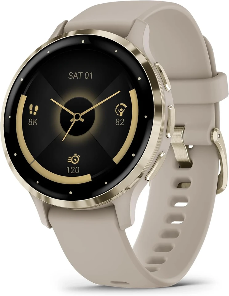 Venu 3s mäkký zlatý z nehrdzavejúceho oceľového rámu 1,2-palcový dotykový displej s dotykovým displejom Smart Watch s 41 mm francúzsky šedý puzdro
