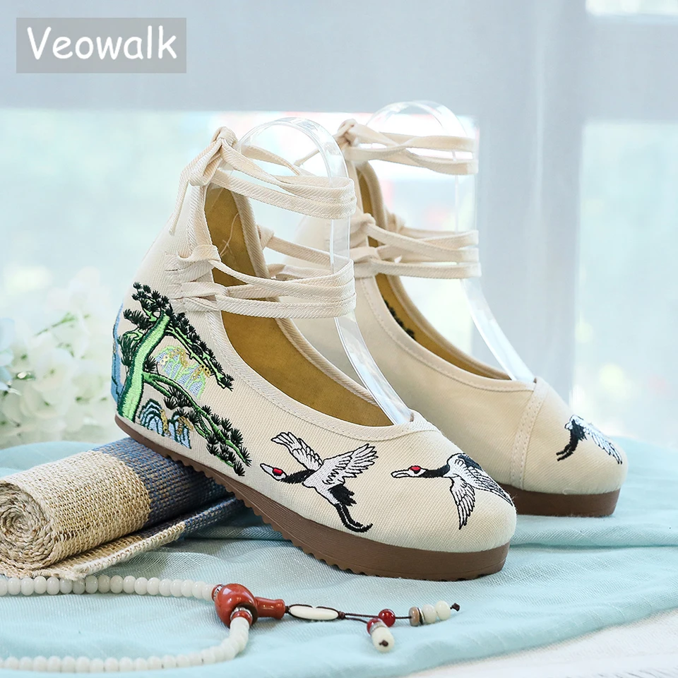 Veowalk módny čínsky štýl Ženy plátno topánky Dámske orly bavlnené vyšívané členkové popruhy ploché platformy Zapatos majer