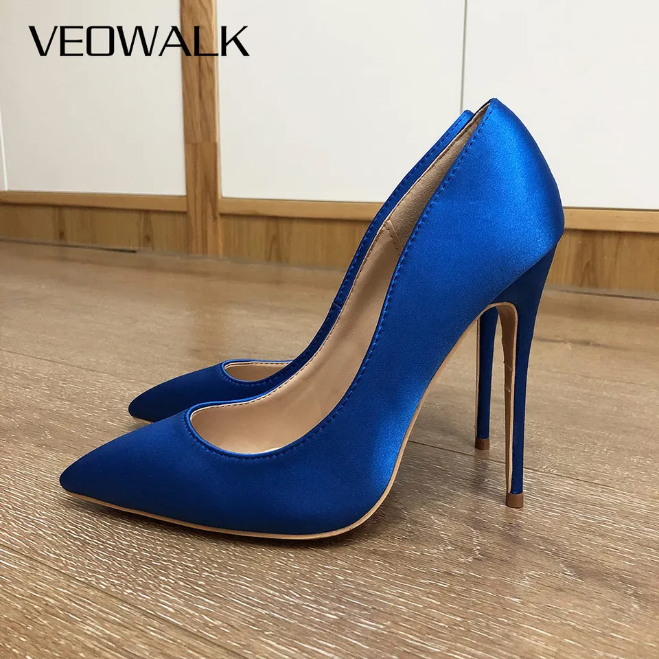 Veowalk Royal Blue Dámske hodvábne saténové saténové päty vysoké podpätky Elegantné dámske módy špicaté špičky na nohách sloupné pumpy Party šaty topánky