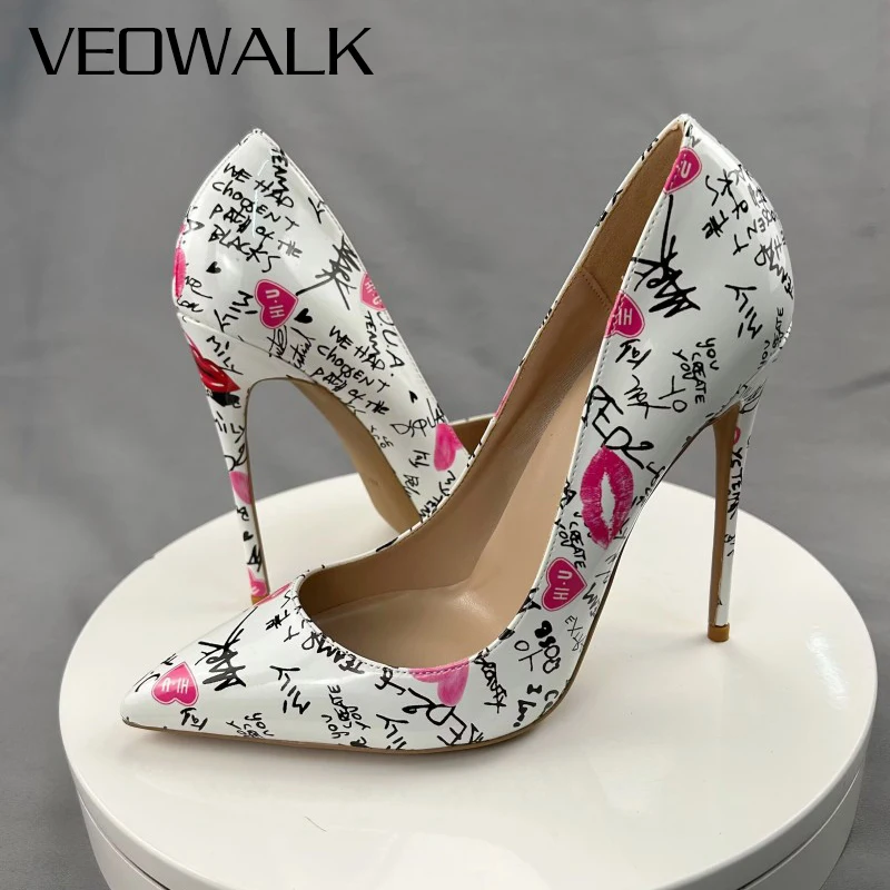 Veowalk White Artistic Graffiti Print Women Sexy špicaté špicaté špicaté topánky s vysokým podpätkom skĺznuté na topánky Stiletto Party Dues Plus 33-46