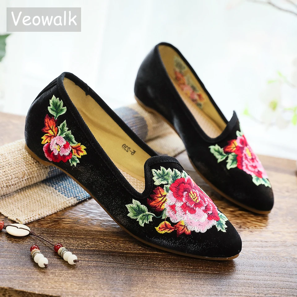 Veowalk Ženy zamatové bavlnené tkanina Vyšívané baletné byty Šmykľavky na špičke na priedušnej výšivkovej obuvi pre elegantné dámy