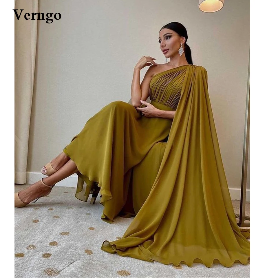 Verngo Olive Green zahodil linkové večerné šaty s mysom jedným ramenom hodvábne šifónom Dubaj Dubaj Formálne šaty večierkov plus veľkosť