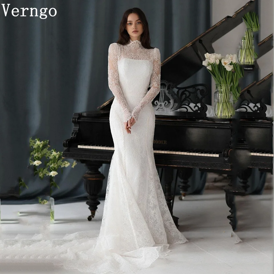 Verngo čipkové svadobné šaty High O krk plné rukávy morská panna svadobné šaty sweap vlak elegantné saudské arabské elegantné nevesty šaty