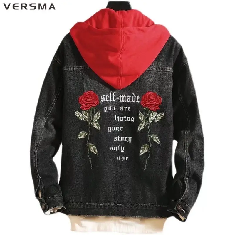 Versma Vintage vyšívacie ruže tlačené džínsy Men bundy Coats Kórejský motocykel bombardér nadmerne nadmerne džínsová bunda Casacos Masculino
