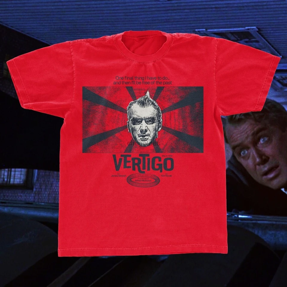 Vertigo Movie tričko Alfred Hitchcock Tshirt Vintage Move tričko Červené klasické tričko 5000 Jimmy Stewart Vertigo Top