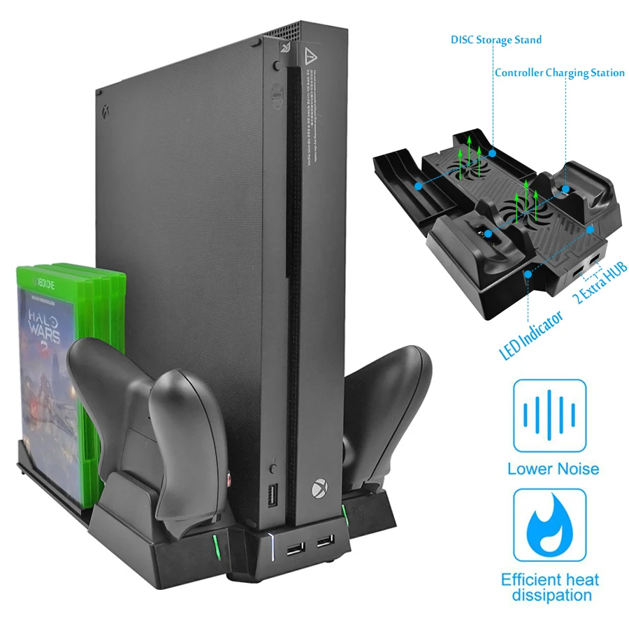 Vertikálny chladiaci stojan chladiča pre Xbox One X, nabíjačka ovládača s 2 portmi nábojov a diskov Storage pre Xboxone X