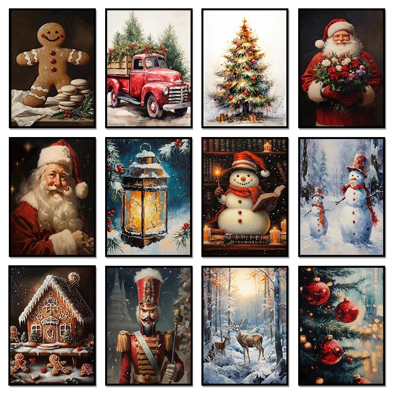Veselé vianočné lucenkyne perník dom Santa Snow View Viktoriánsky umelecký plagát Canvas Obrazy nástenné umelecké obrázky Domáce dekorácie