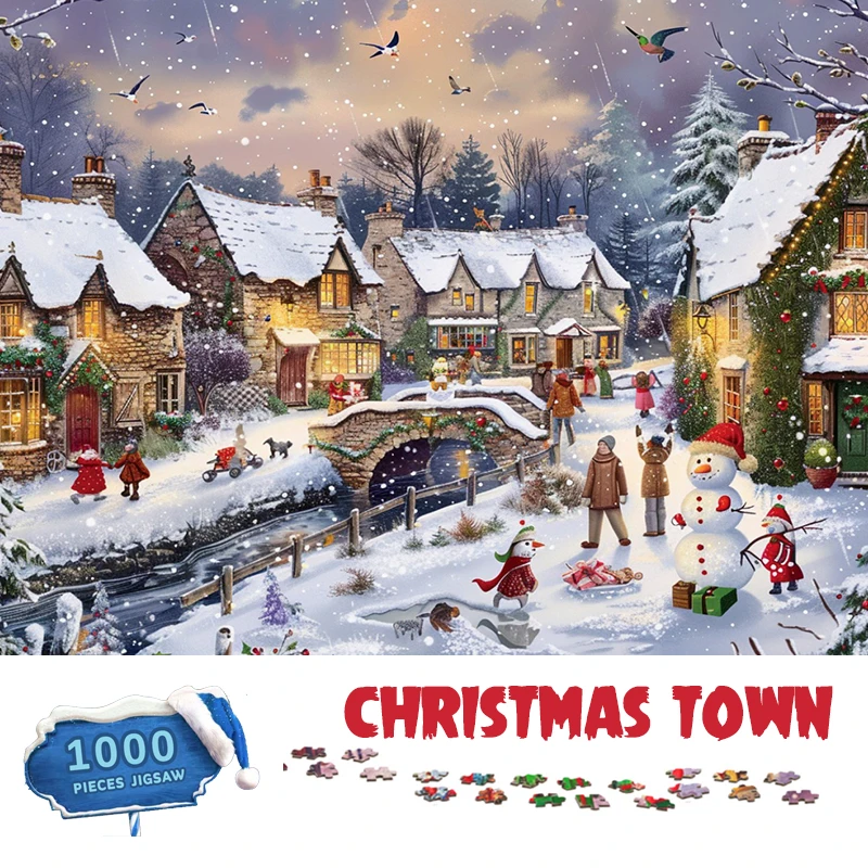 Veselé vianočné puzzle 1 000 klice papierovej hádanky pre dospelých 70*50 cm vianočné mesto Obtiažnosť skladových hádaniek domáca stena Decro