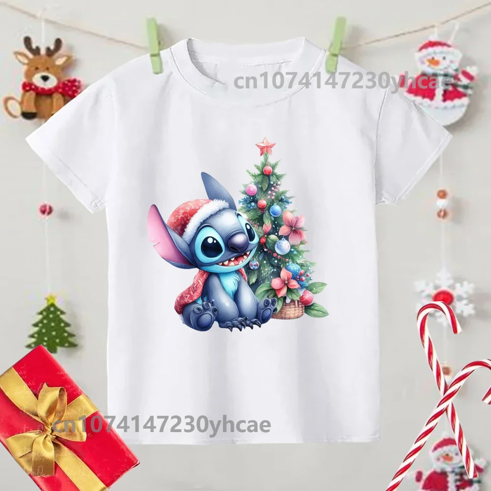 Veselé vianočné sviatky Lilo Stitch Detské tričká detské dovolenkové tričko Tričko Dievčatá večierok Tričko s oblečením detské módne topy Tréner