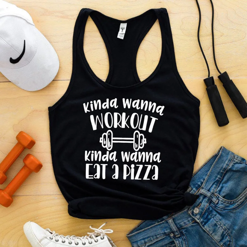 Vesta, chceš trénovať trochu, chceš jesť pizzu Tank top Dámske pretekárske cvičenie Running Tank Tank Príležitostné grafické vtipné tričko Tričko
