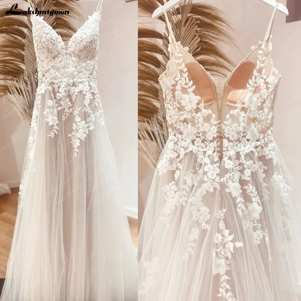 Vestido boho chic v krk a linka Svadobné šaty prispôsobené špagetové popruhy svadobné šaty ženy pláž Trouwjurk robe de mariee