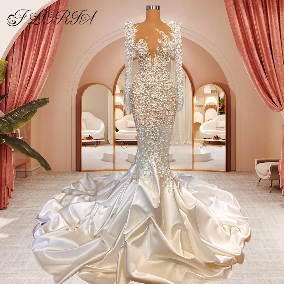 Vestido de Noiva Luxusné perly krištáľové svadobné šaty 2023 Couture s dlhým rukávom Overskirt Lace Svadobné šaty Africká žena
